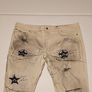 Men's Distressed White Patchwork Jeans